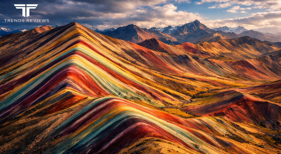 Breathtaking view of the colorful mineral layers at Rainbow Mountain Peru.